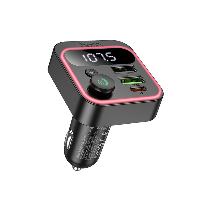 Modulator FM/Incarcator Auto Hoco (E85), PD38W, 1xUSB-C, 2xUSB-A, LED Ambinet, Black