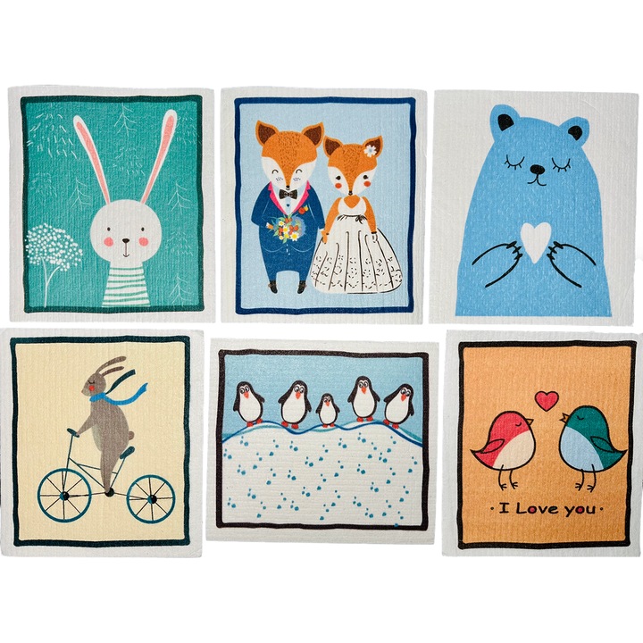 Set 6 Lavete reutilizabile, Biodegradabile, Lavabile, Universal, Desene animate-001, Curatare sticla, Fara particule de prosoape, fara amprente de apa, fara praf, Fara ranire a suprafetei