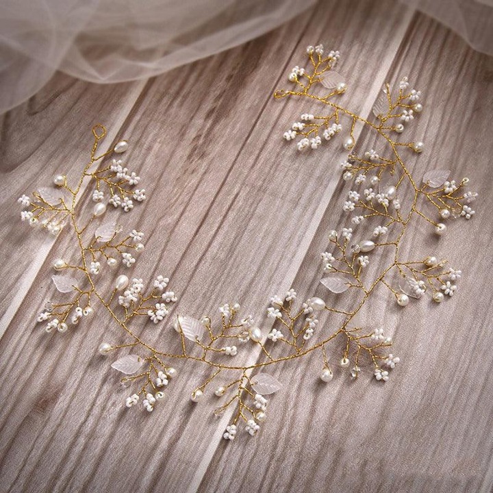 Accesoriu par, auriu, modelator, cu perle si frunzulite, Athena C4, Pursehuit