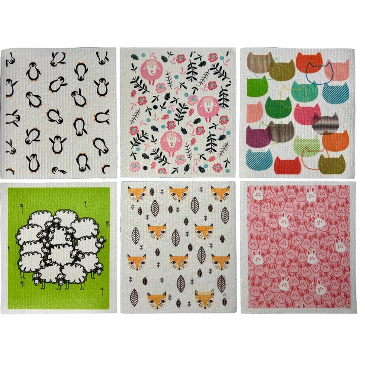 Set 6 Lavete reutilizabile, Biodegradabile, Lavabile, Design animale, Universal, Animale-001, Curatare sticla, Fara particule de prosoape, fara amprente de apa, fara praf, Fara ranire a suprafetei