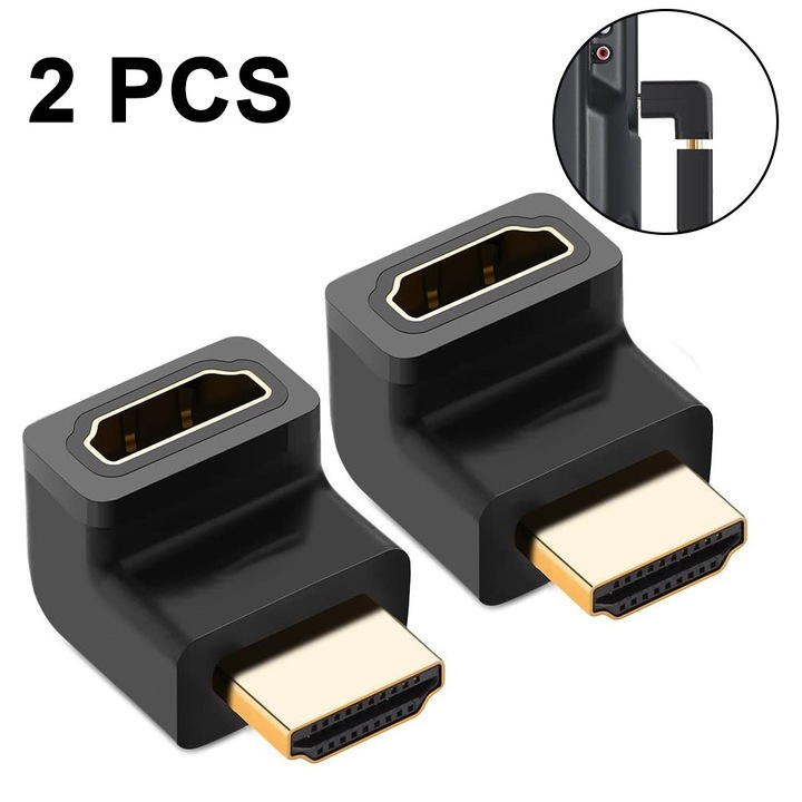 Пакет от 2 HDMI адаптера 90 градуса мъжки към женски под прав ъгъл, поддържащи 3D и 4K