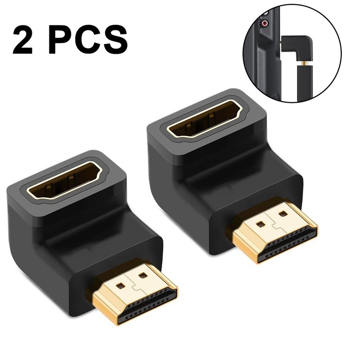 2 db-os csomag HDMI 90 fokos apa-nő derékszögű adapter 3D és 4K támogatással