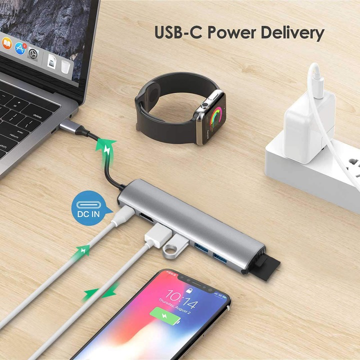 USB C elosztó 8 az 1-ben, alumínium, fekete, 10x4x2cm
