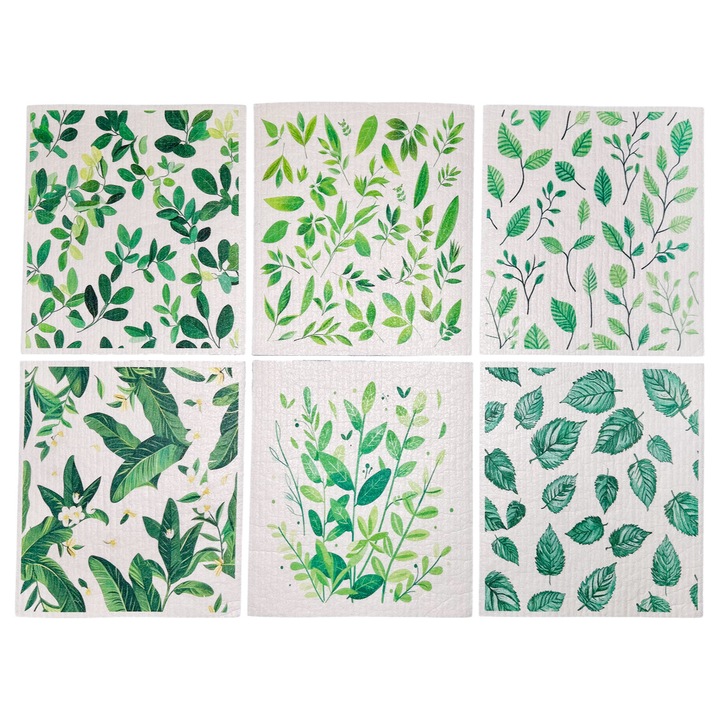 Set 6 Lavete reutilizabile, Biodegradabile, Lavabile, Design frunze, Universal, Verde-001, Curatare sticla, Fara particule de prosoape, fara amprente de apa, fara praf, Fara ranire a suprafetei