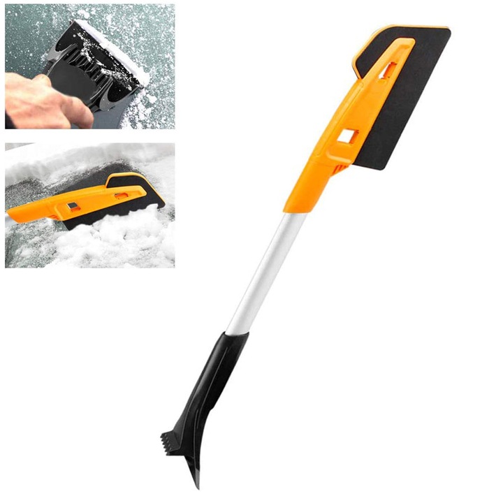 Racleta si lopata pentru zapada ZYBLSSBB LSM2XH8680-2034426, 2 in 1 detasabila cu perie din spuma si lama pentru gheata, ABS/aluminiu, portocaliu/negru, 64 cm