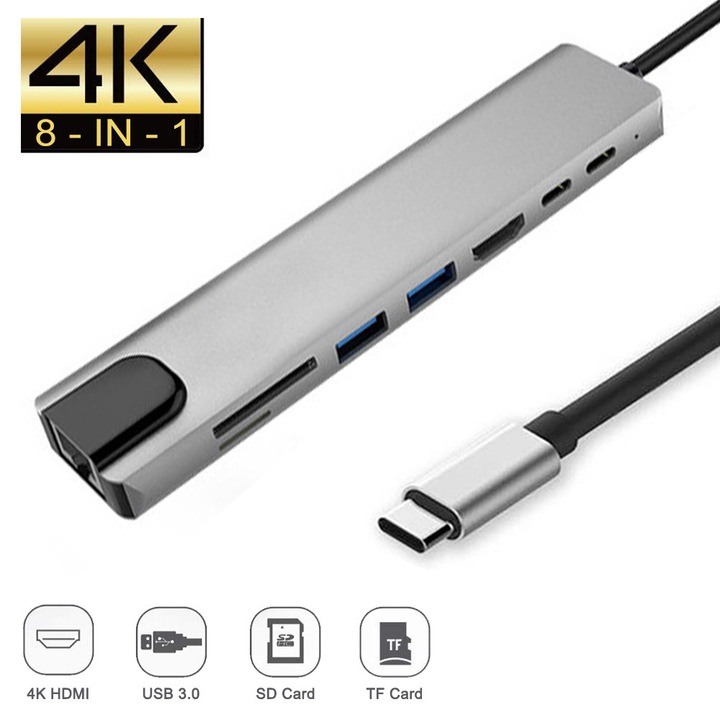 Хъб 8 в 1 Type-C, многофункционална докинг станция, USB, HDMI, многоцветен
