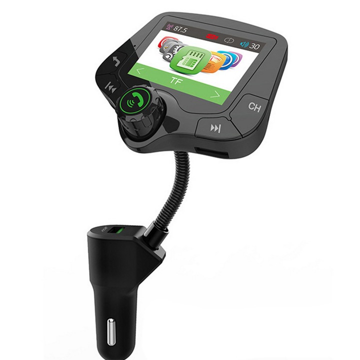 Autós Bluetooth FM adó flexibilis nyakkal, TNEAYWHE, színes csatlakozóval, gyorstöltéssel, 1 DIN, 2x2W