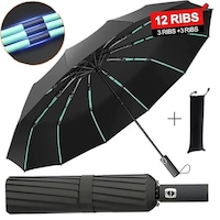 Umbrela de Ploaie Pliabila cu Husa, Anti-Vant, Super Rezistenta, Protectie UV, 12 Spite Ranforsate, Automata, Compacta (32 cm), Diametru 106 cm, Cadru din Otel cu Fibra de Sticla, 480 g, 1-2 Persoane, Uscare Rapida, Negru/Verde