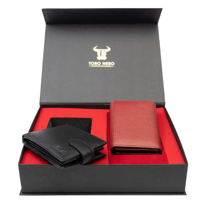 Set portofel dama si portofel barbati, piele naturala, negru-rosu Little-Viki