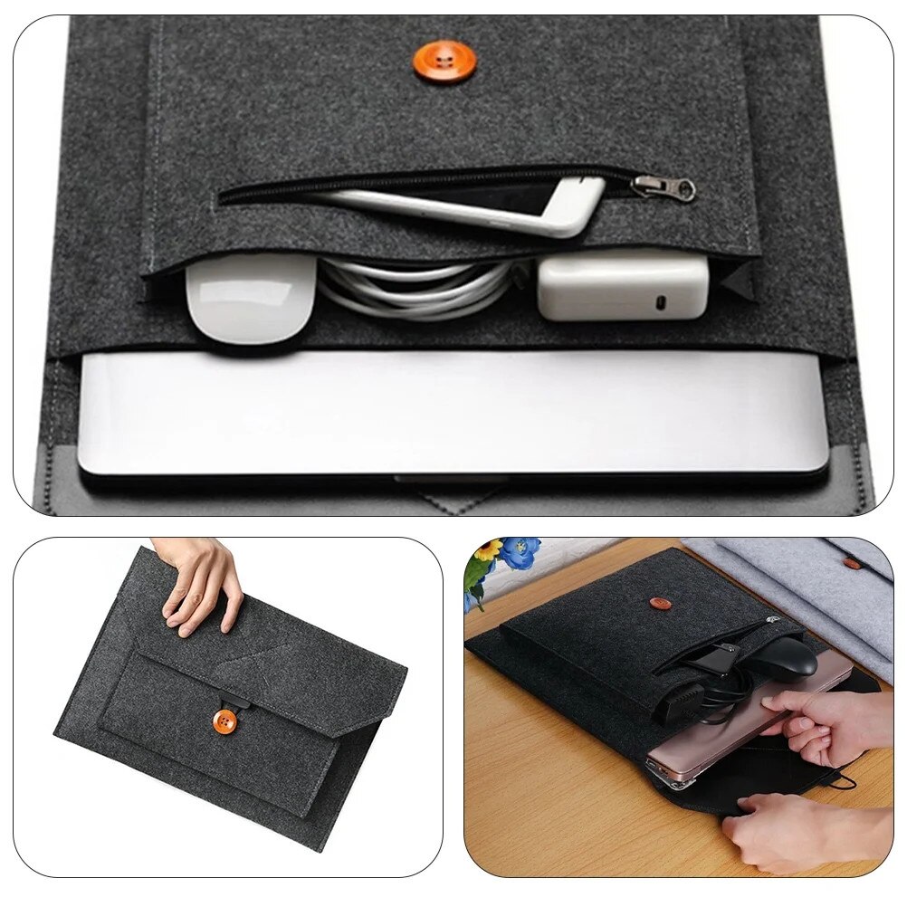 ZYBLSSBB, husa pentru laptop din fetru cu buzunar frontal si inchidere cu buton, negru, 13 inch