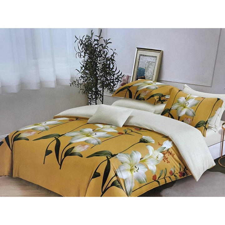 Set Lenjerie de pat, Super Elegant Pucioasa, FINET, 6 piese, Galben/Crem Deschis, 245x250cm, 200x230cm, 70x70cm (2 bucati), 55x80cm (2 bucati)