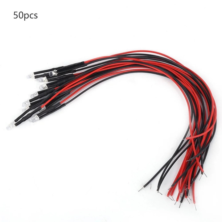 50 darabos 3 mm-es LED készlet előre bekötött vezetékkel, többszínű, 12V, 20cm