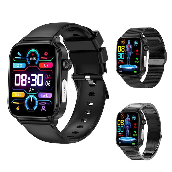 Okosóra, Fudisenn, 3 pánt, EKG, vércukorszint mérés, 1,96 hüvelyk, fekete