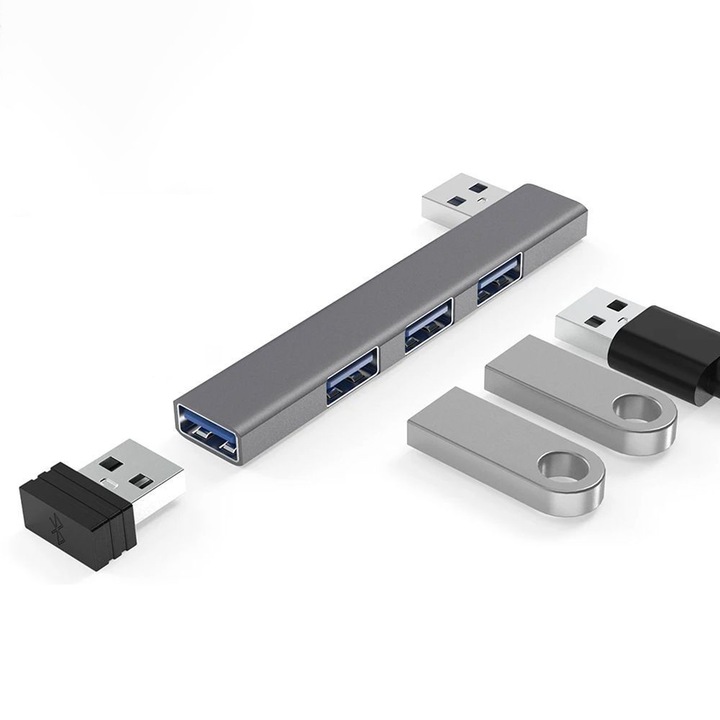 Hub USB 4-in-1, Fudisenn, 1 x USB 3.0, 3 x USB 2.0, Gri, Compact