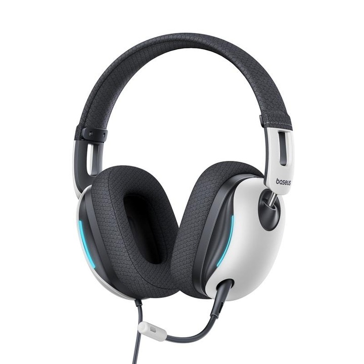 OS-Baseus GoPlay 1+ Max Геймърски слушалки Over-Ear, подвижен HD микрофон, кабелно управление, 7.1 съраунд звук, сини светлини, бяло