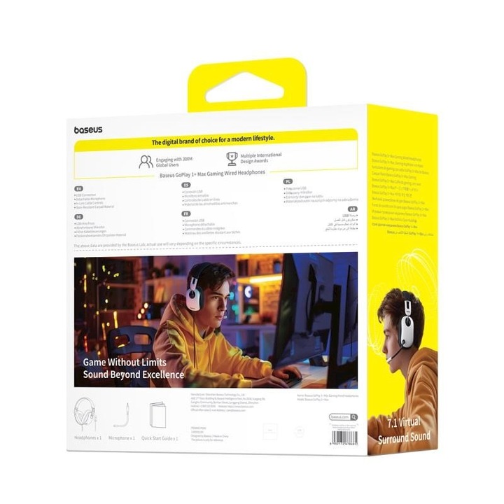 OS-Baseus GoPlay 1+ Max Геймърски слушалки Over-Ear, подвижен HD микрофон, кабелно управление, 7.1 съраунд звук, сини светлини, бяло