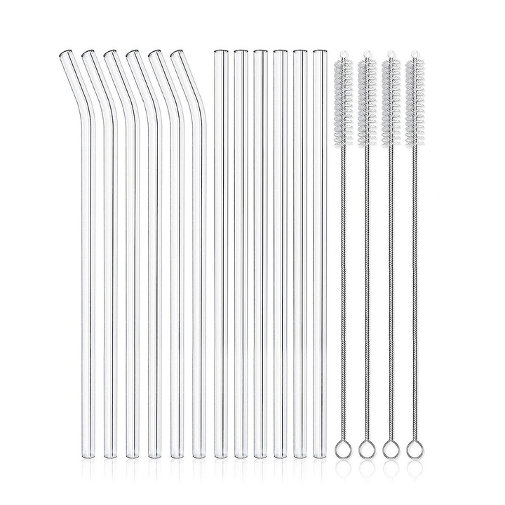 Комплект от 12 сламки BOMSTOM, 6 прави сламки и 6 извити сламки, 8,5 инча, с 4 четки за почистване, стъклени, прозрачни