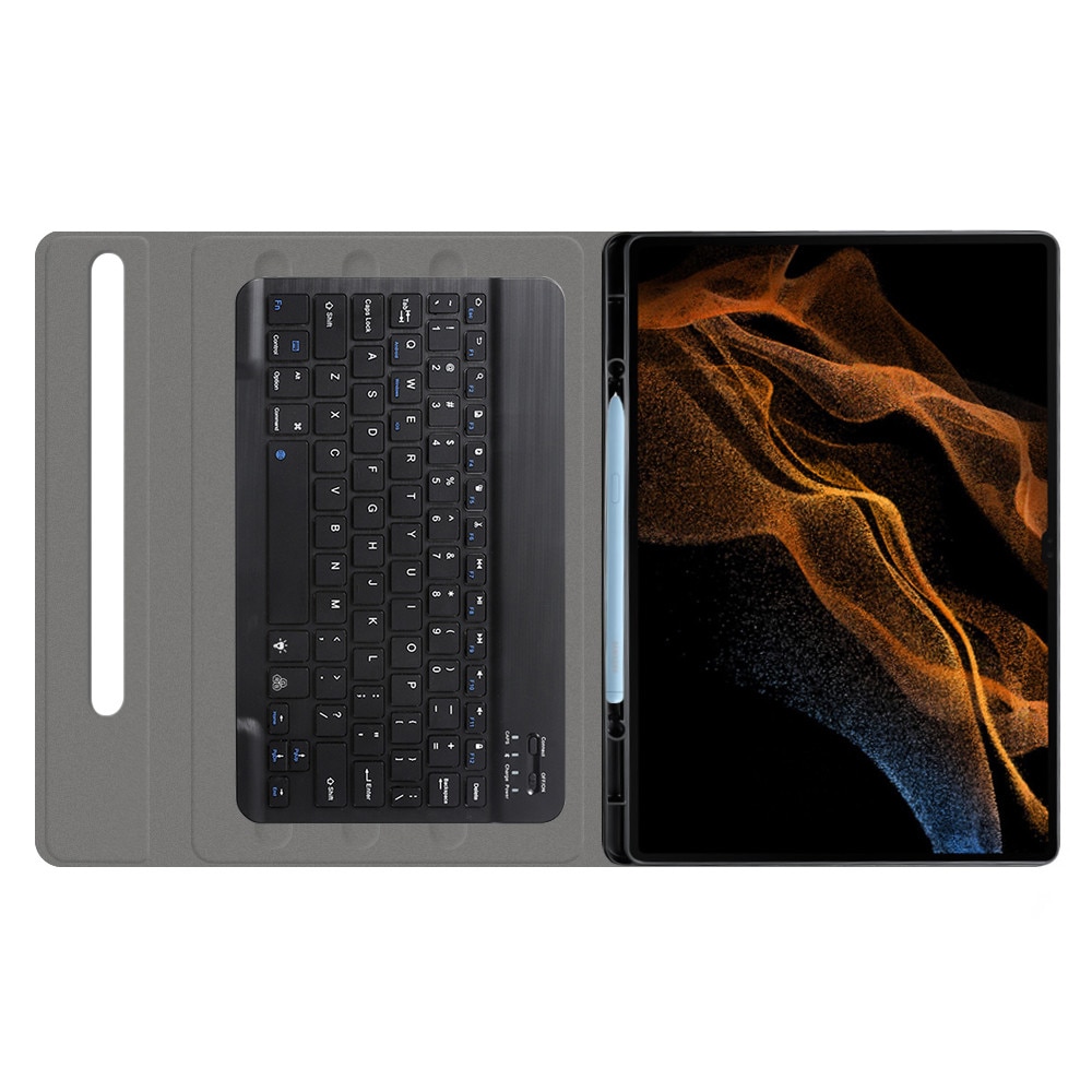 Husa de protectie flip cover pentru tableta compatibila cu Samsung Galaxy Tab S8 Ultra, CozyTab Case, suport stylus, tastatura wireless magnetica, RGB, piele ecologica, Negru