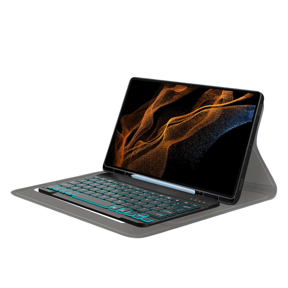 Husa de protectie flip cover pentru tableta compatibila cu Samsung Galaxy Tab S8 Ultra, CozyTab Case, suport stylus, tastatura wireless magnetica, RGB, piele ecologica, Negru