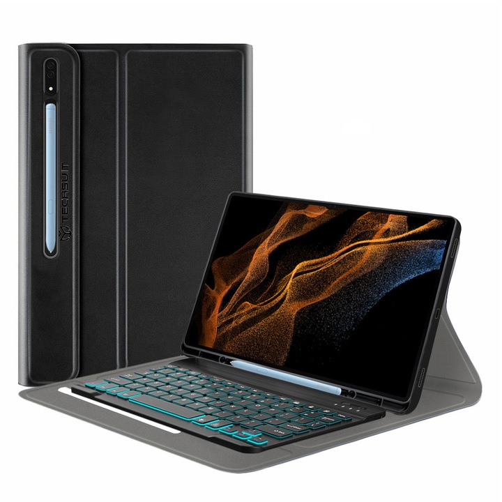 Husa de protectie flip cover pentru tableta compatibila cu Samsung Galaxy Tab S8 Ultra, CozyTab Case, suport stylus, tastatura wireless magnetica, RGB, piele ecologica, Negru