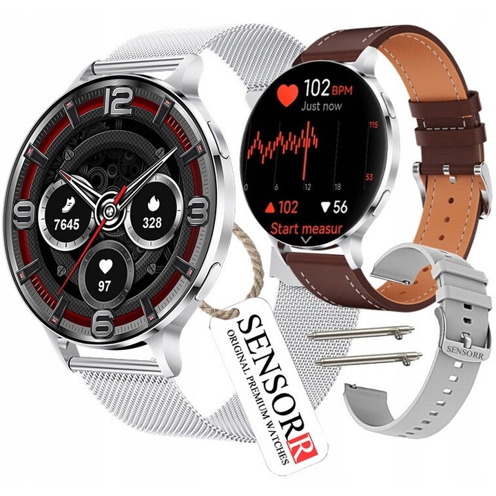 Smartwatch dama SENSORR, 1.75 inch, metal, 3 curele, monitorizare puls, ecran negru