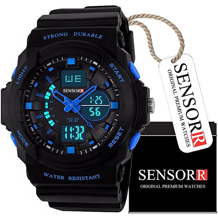 Ceas copii SENSORR S-SHOCK, rezistent la apă WR50, 5 culori, mecanism japonez, curea PU, mărime mică