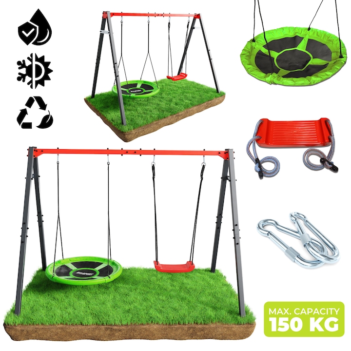 Cadru leagan cu cuib de stork K-SPORT ksoz015, Set cu leagan rosu, Pentru copii, Greutate maxima 150 kg, Otel inoxidabil, Usor de montat, 247 x 154 x 193 cm, Multicolor