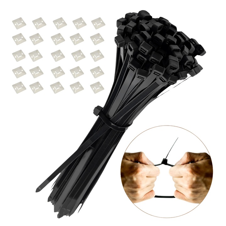 Dalip kábelkezelő készlet, 25 db fehér öntapadó kapocs + 100 db fekete köteg, 3,6 x 160 mm-es méret, gyors rögzítés, biztonságos markolat, iroda, otthon, autó, tartós műanyag, fekete