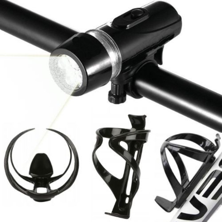 Lampa bicicleta LED cu suport bidon, Quatro Import, 5 LED-uri, alb, set
