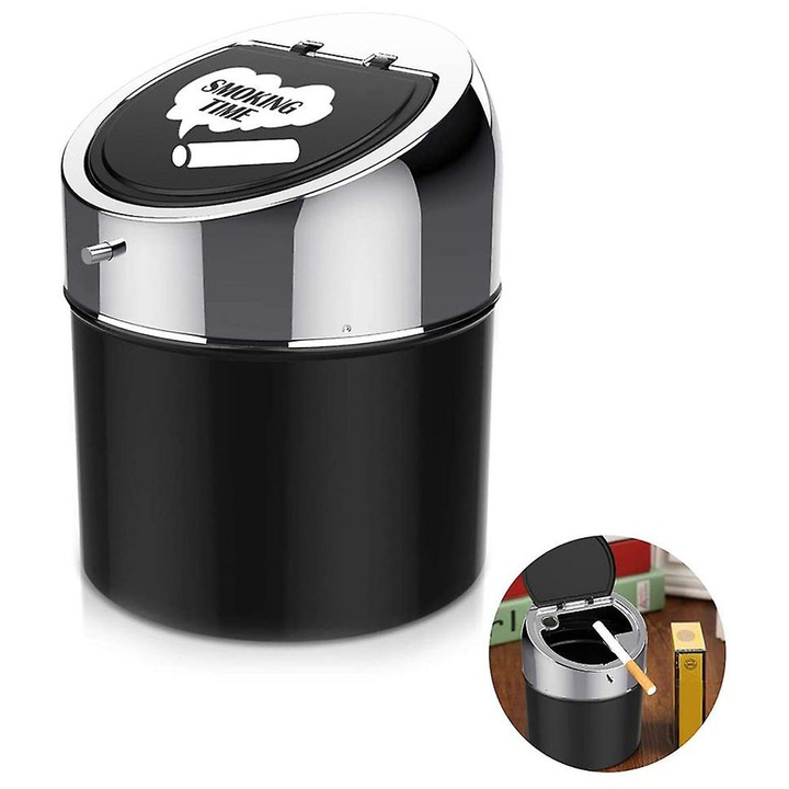 Компактен пепелник за кола, TNEAYWHE, неръждаема стомана и керамика, подвижен дизайн, неплъзгаща се основа, LED светлина