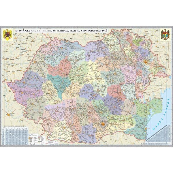 Harta administrativa, EURODIDACTICA, Romania si Republica Moldova, fara sipci, 1000 x 700 mm