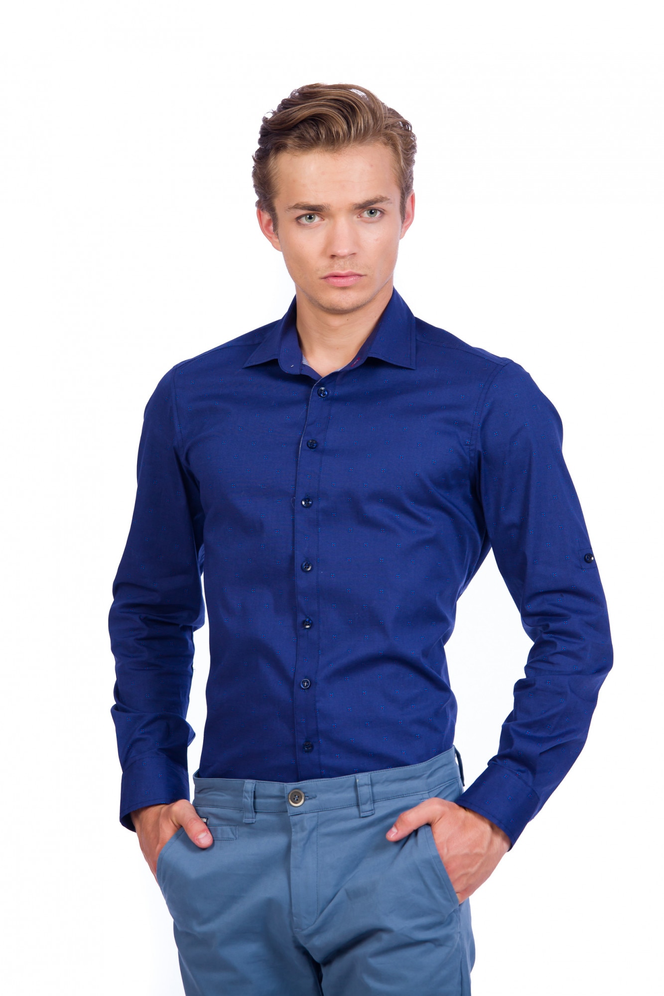 Camasa pentru barbati BE YOU, din bumbac cu imprimeu, Bleumarin/Rosu, XS