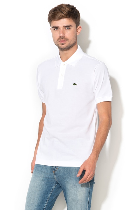 Lacoste, Тениска от пике с яка и бродирано лого, Бял