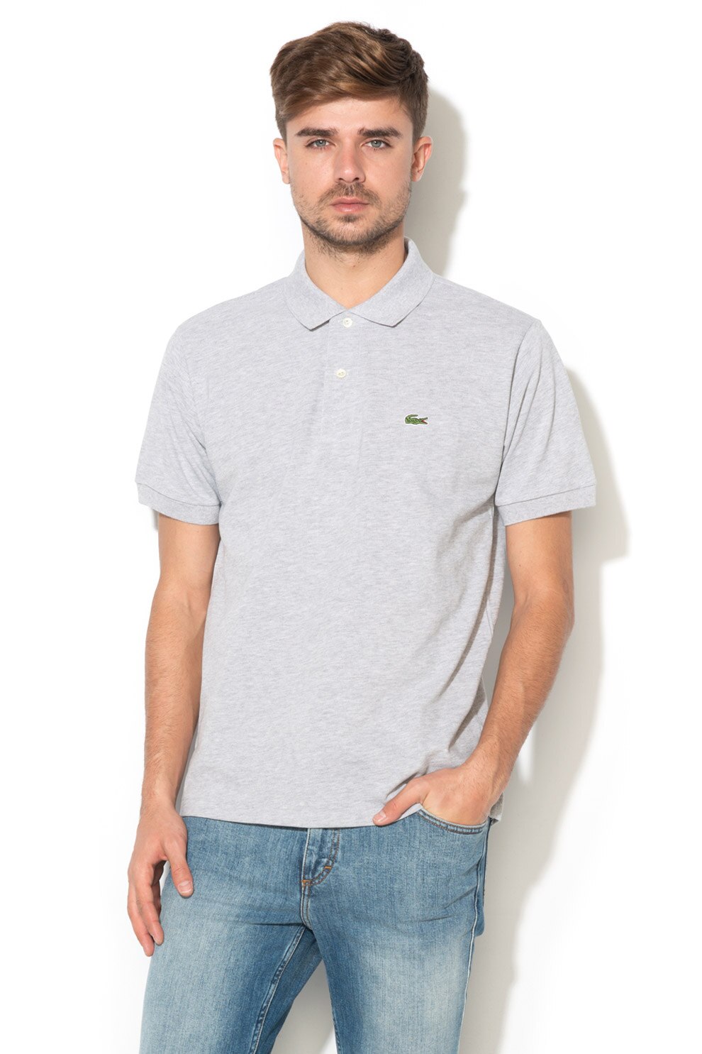 Lacoste, Tricou polo din material pique cu detaliu logo brodat, Gri melange