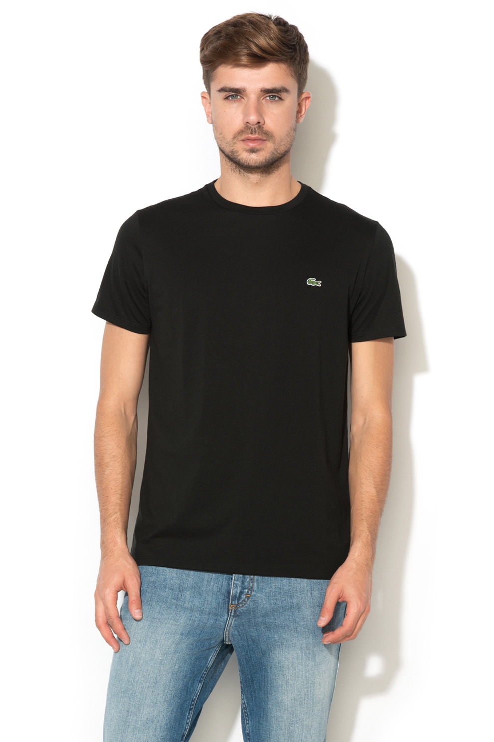 Lacoste, Tricou cu decolteu la baza gatului si aplicatie logo discreta, Negru