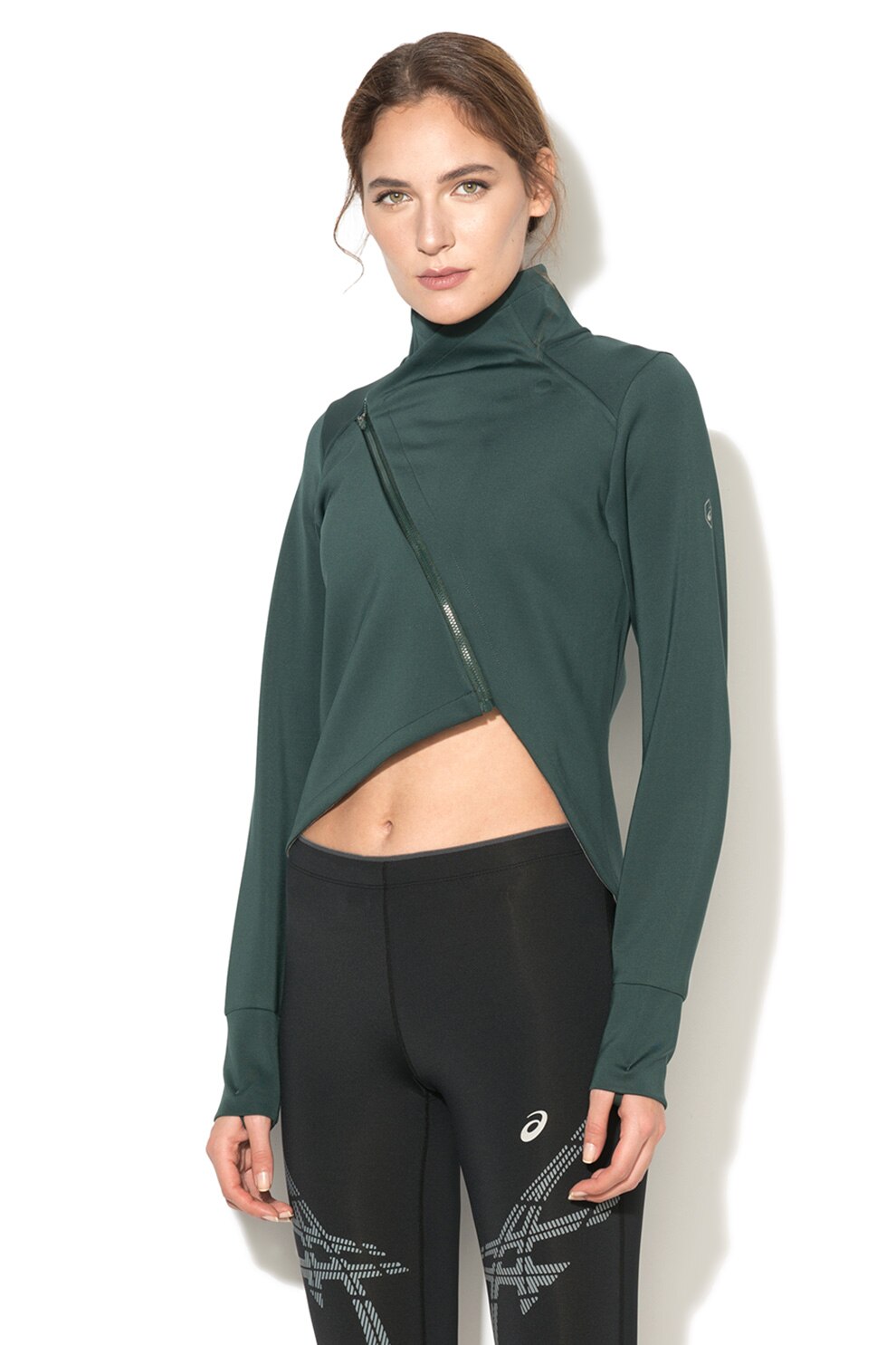 Asics, Jacheta pentru alergare, cu fermoar asimetric, FuzeX, Verde englez