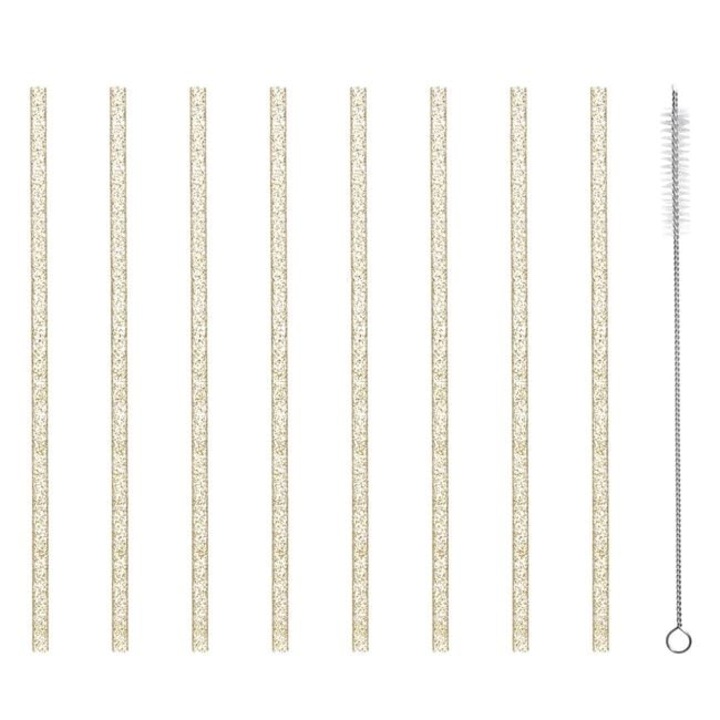 Златни блестящи пластмасови сламки за многократна употреба 7x230 mm и четка за почистване - 8 бр.