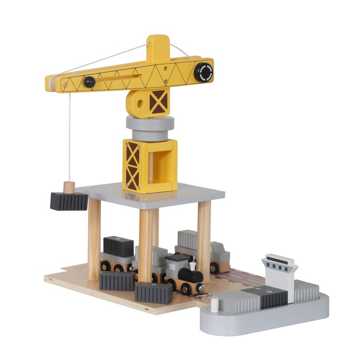 Port de lemn cu macarale, Jucarie din lemn, Set, 16 elemente, Pentru baieti de la 3 ani, Dezvolta abilitatile motorii si coordonarea, Culoare naturala, Materiale ecologice