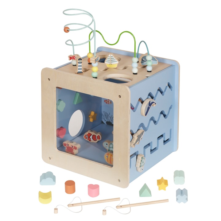 Jucarie educativa, Cub manipulativ din lemn, 29, 5 x 29, 5 x 49 cm, Stimulare senzoriala, Dezvoltarea abilitatilor motorii, Pentru copii de la 1 an, Multicolor