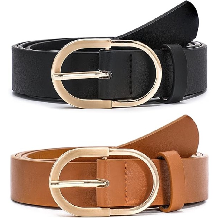 Női öv szett 2 db, Enforose, fekete + barna, ökológiai bőr, arany csat