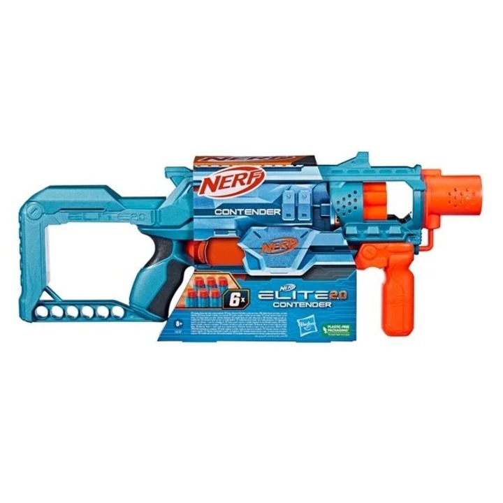 Lansator Contender 2.0 Nerf Elite, Welora, cu 6 sageti incluse, 50x6x19cm, albastru-portocaliu