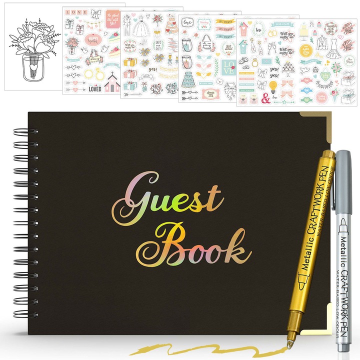 Caiet de oaspeti Polaroid, coperta neagra eleganta, pagini pentru semnaturi si fotografii, margini aurite argintii, 41 pagini duble (218x312mm)