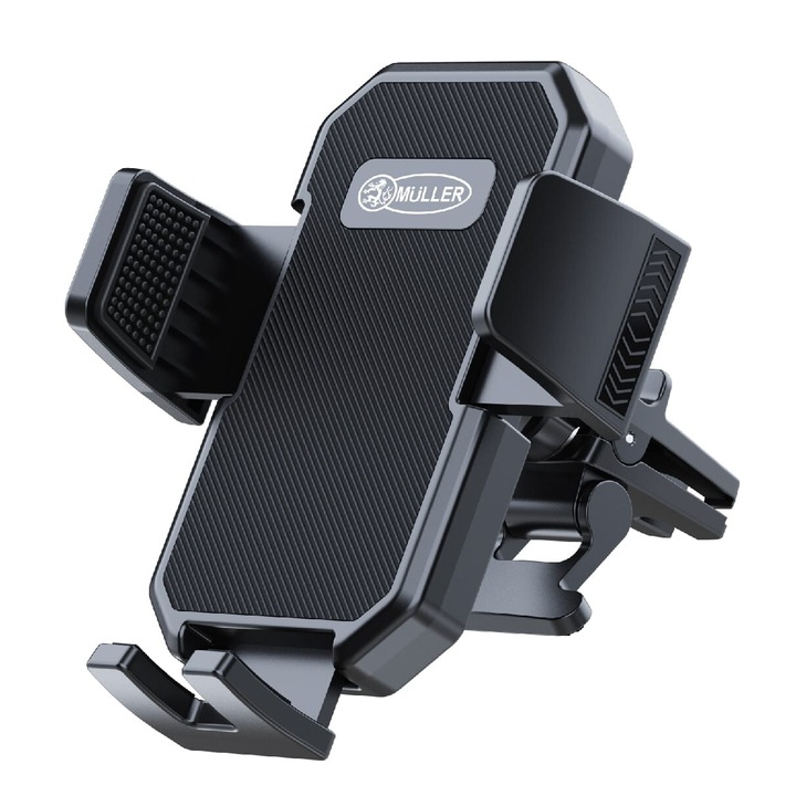 Müller® univerzális autós tartó mobiltelefonhoz, szellőzőrácsra rögzíthető, 4,5-7 hüvelyk, szögletes forma, Fekete