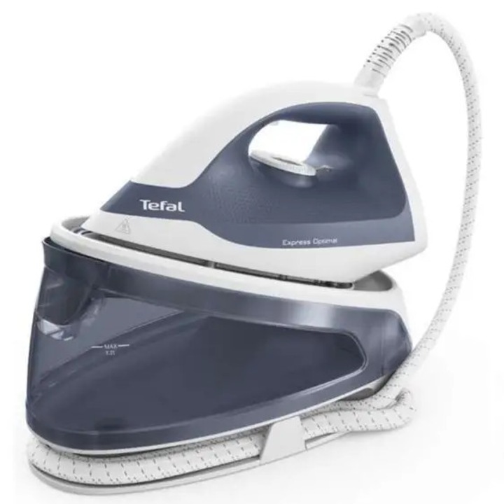Statie de calcat Tefal Express Optimal SV4110E0, 2200 W, 1.2 litri, jet de abur 190 g/min, talpa Xpress Glide, jet de abur vertical, presiune 5 bar, oprire automata, functie anticalcar, albastru