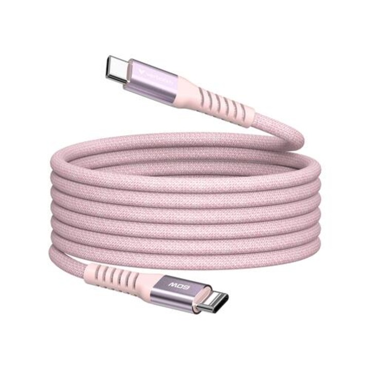 USB кабел, Verbatim Sync / Charge USB-C to USB-C 60W Magnetic 120 cm, Розов цвят