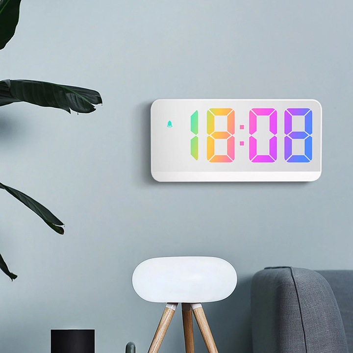Ceas digital YANYXR, alarma, afisaj rotativ, alb, 16.5x8x1.4cm