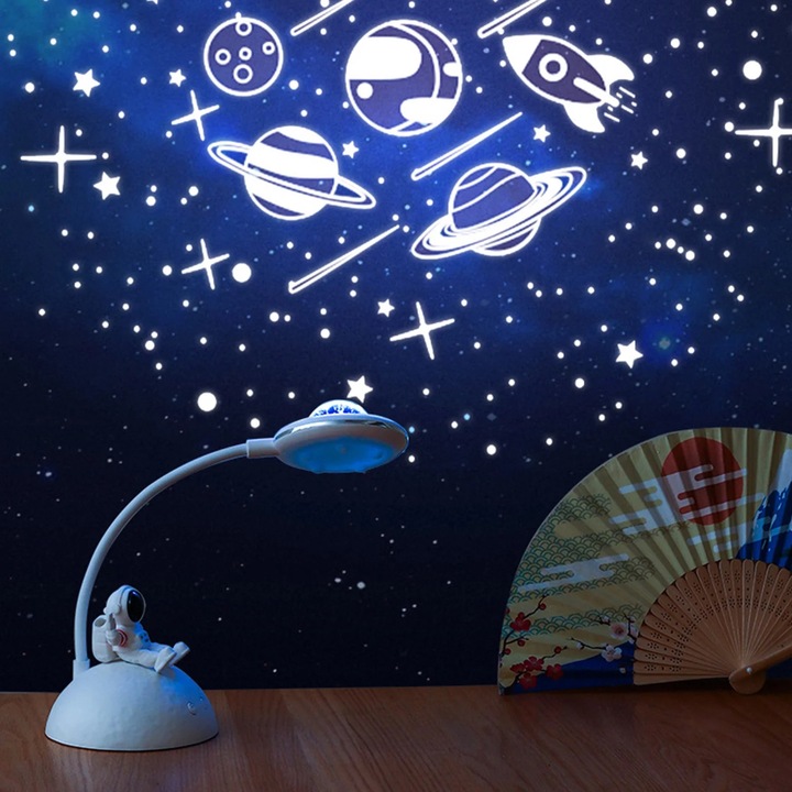 Veioza birou copii ZYBLSSBB astronaut alb 22.5x10cm cu proiector si suport telefon
