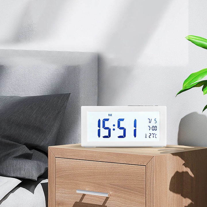 Ceas digital YANYXR multifunctional alb 16x9x5cm cu alarma si afisaj temperatura