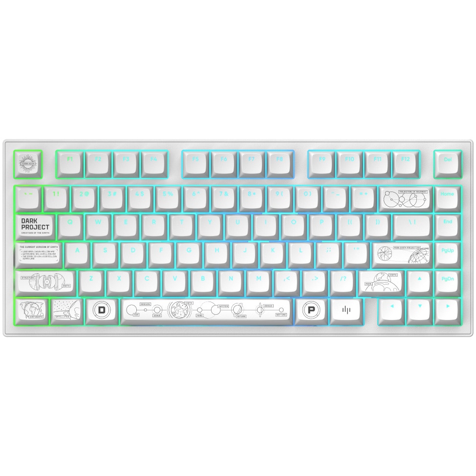 Tastatura Mecanica Gaming Dark Project ALU81A Terra Nova, Wireless, 81 keys, Full RGB, switch-uri g3ms Moonstone Pre-lubed, hot swap, carcasa aluminiu, Alb