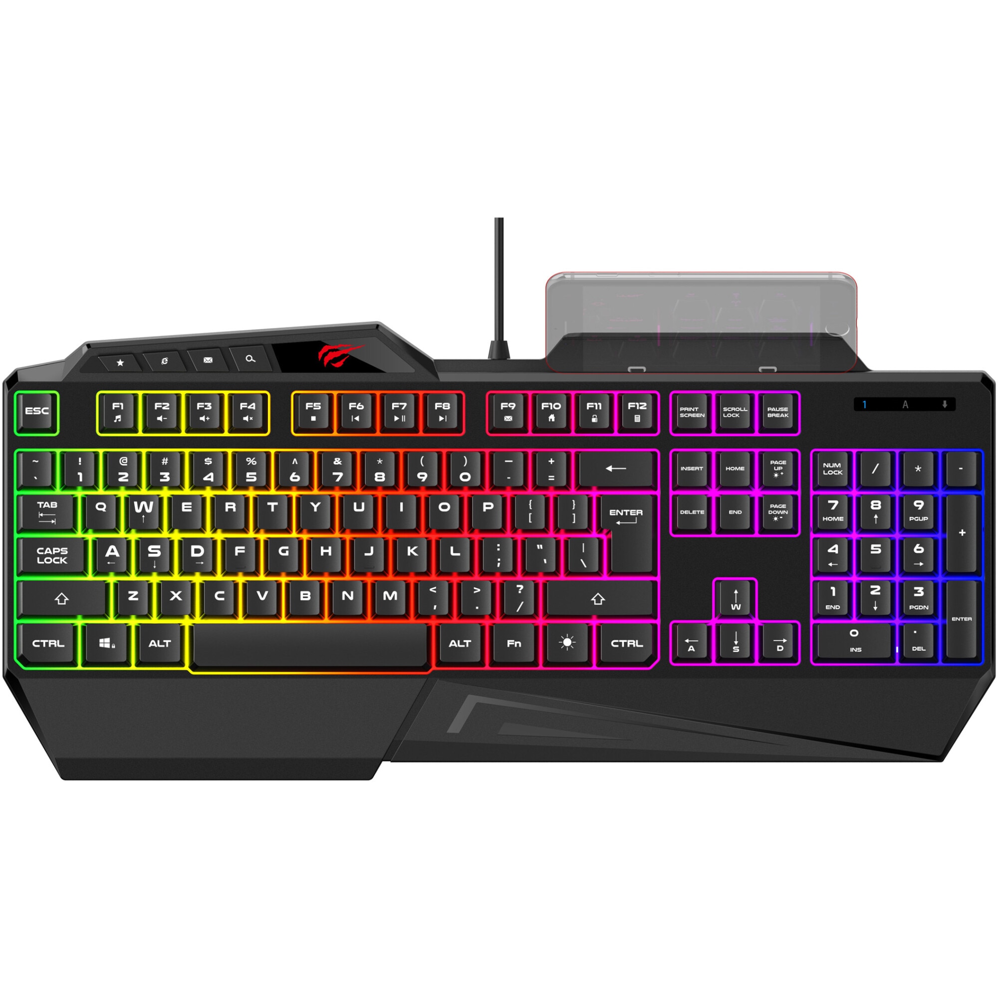 Tastatura gaming HAVIT KB488L, USB, 108 taste, iluminare rainbow, 19 taste anti-ghosting, English Layout, suport smartphone, Negru